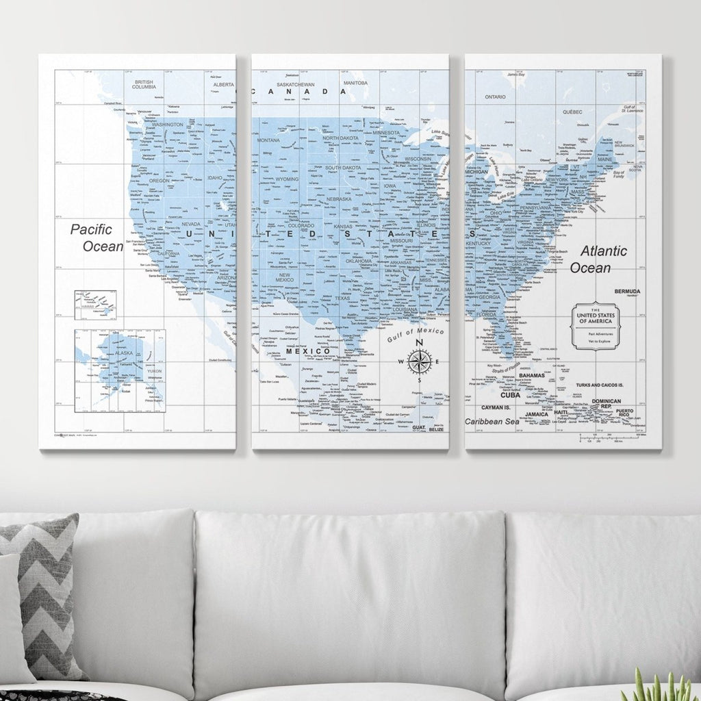 Push Pin USA Map Pin Board - Light Blue Color Splash - Pins Included! - Liza Pruitt