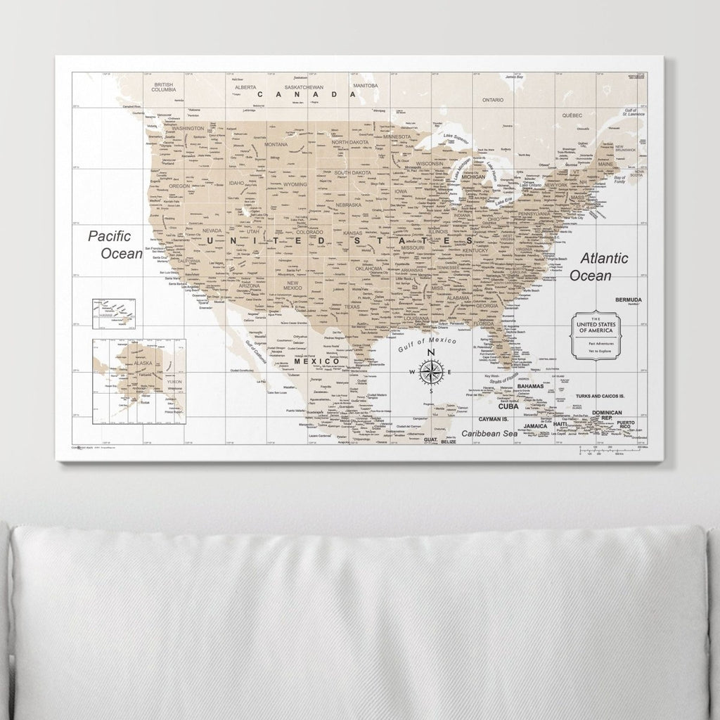 Push Pin USA Map Pin Board - Light Brown Color Splash - Pins Included! - Liza Pruitt