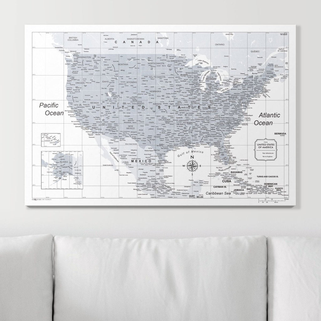 Push Pin USA Map Pin Board - Light Gray Color Splash - Pins Included! - Liza Pruitt