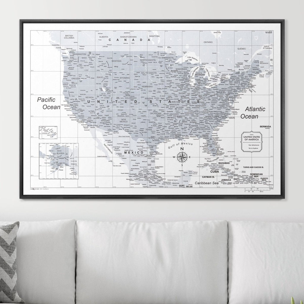Push Pin USA Map Pin Board - Light Gray Color Splash - Pins Included! - Liza Pruitt