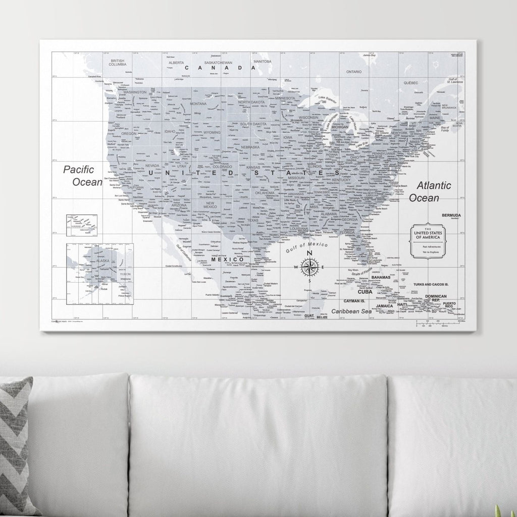 Push Pin USA Map Pin Board - Light Gray Color Splash - Pins Included! - Liza Pruitt