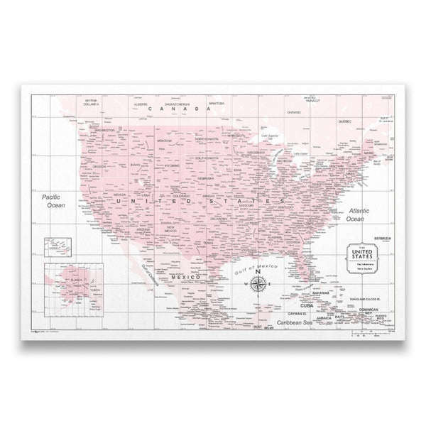 Push Pin USA Map Pin Board - Pink Color Splash - Pins Included! - Liza Pruitt