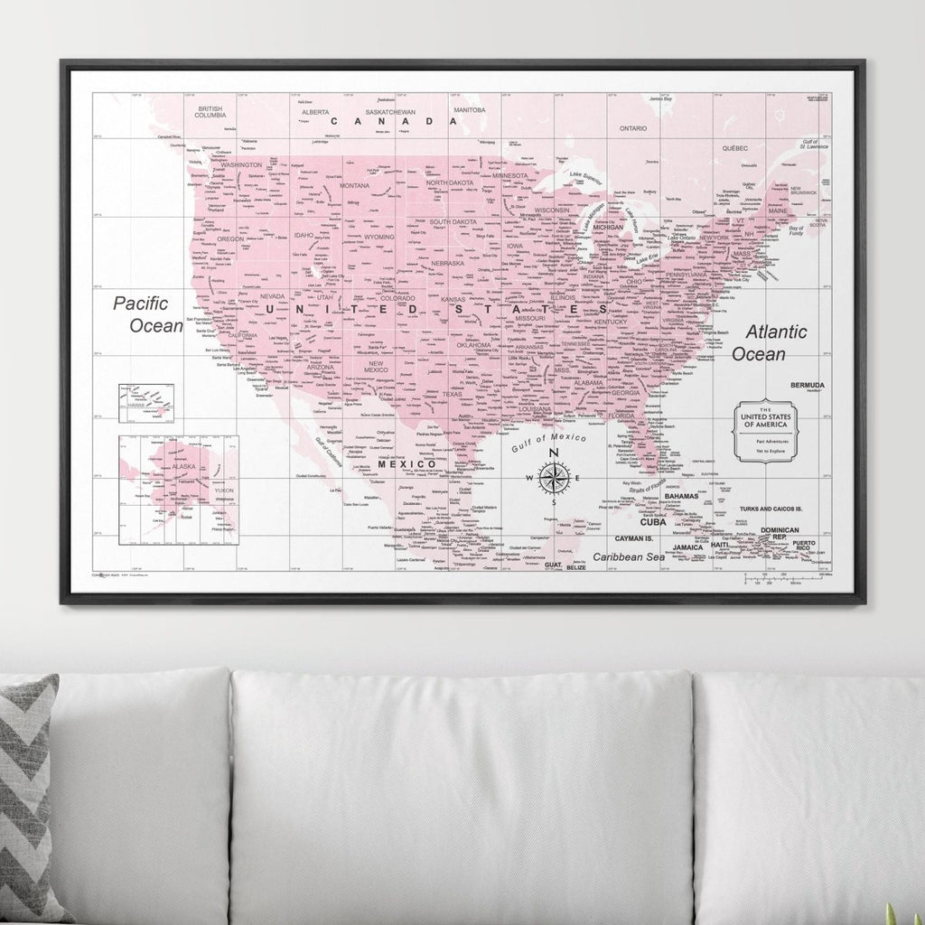 Push Pin USA Map Pin Board - Pink Color Splash - Pins Included! - Liza Pruitt