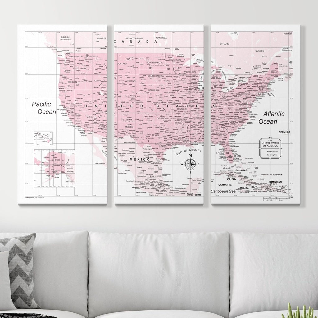 Push Pin USA Map Pin Board - Pink Color Splash - Pins Included! - Liza Pruitt