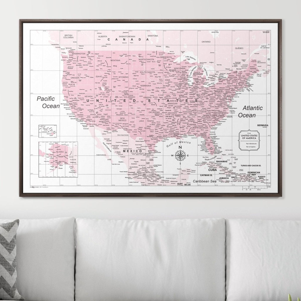 Push Pin USA Map Pin Board - Pink Color Splash - Pins Included! - Liza Pruitt