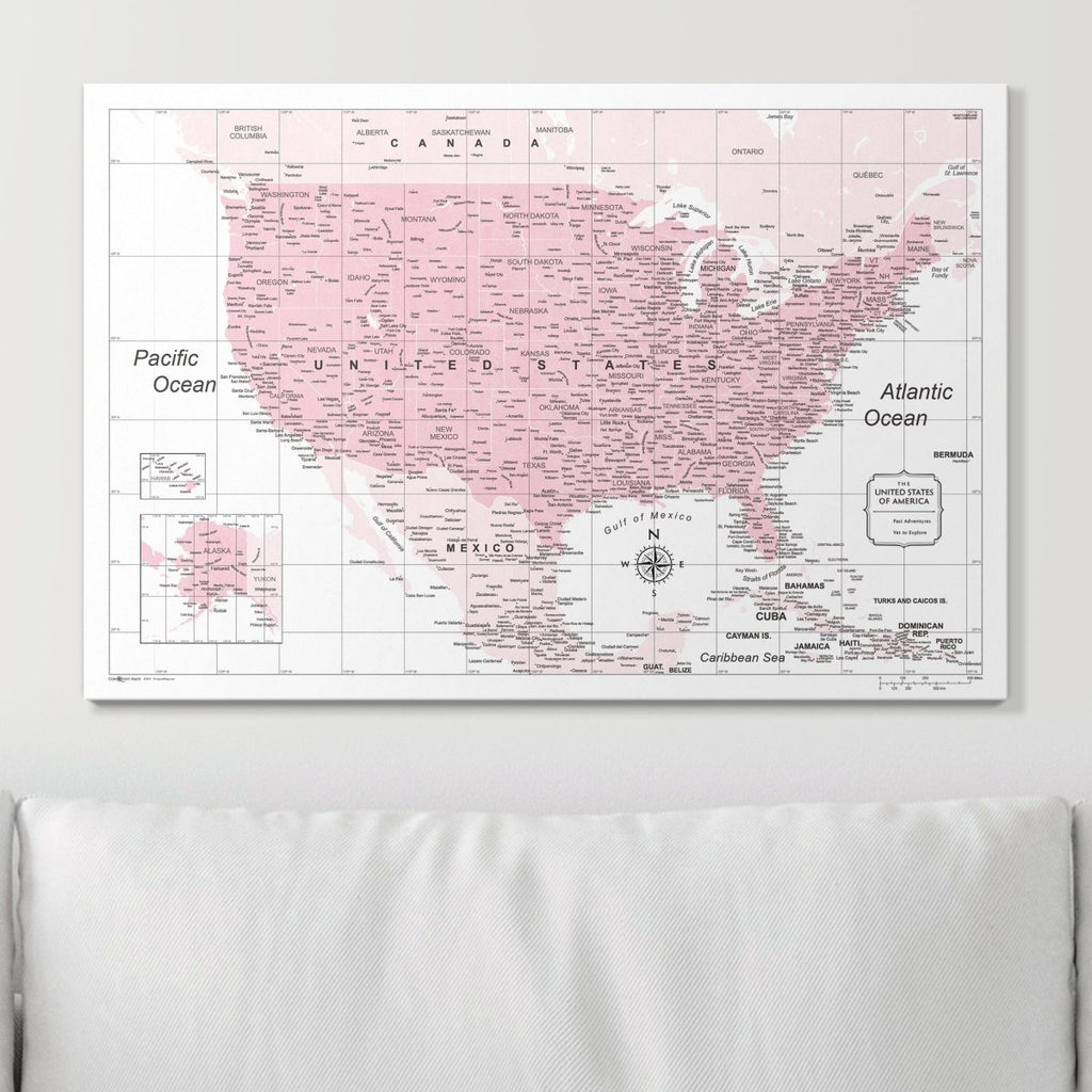 Push Pin USA Map Pin Board - Pink Color Splash - Pins Included! - Liza Pruitt