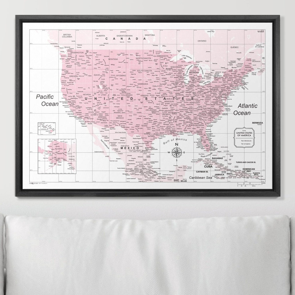 Push Pin USA Map Pin Board - Pink Color Splash - Pins Included! - Liza Pruitt