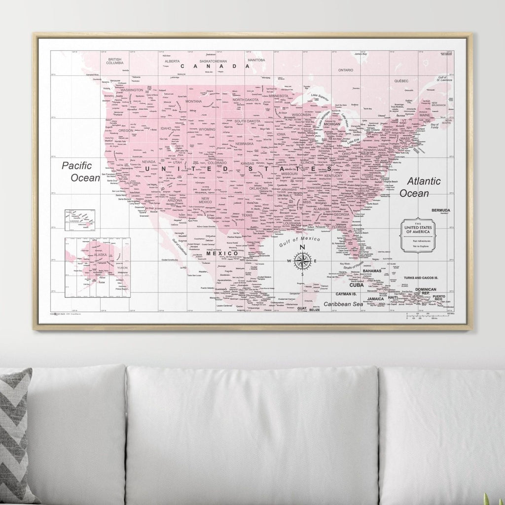 Push Pin USA Map Pin Board - Pink Color Splash - Pins Included! - Liza Pruitt