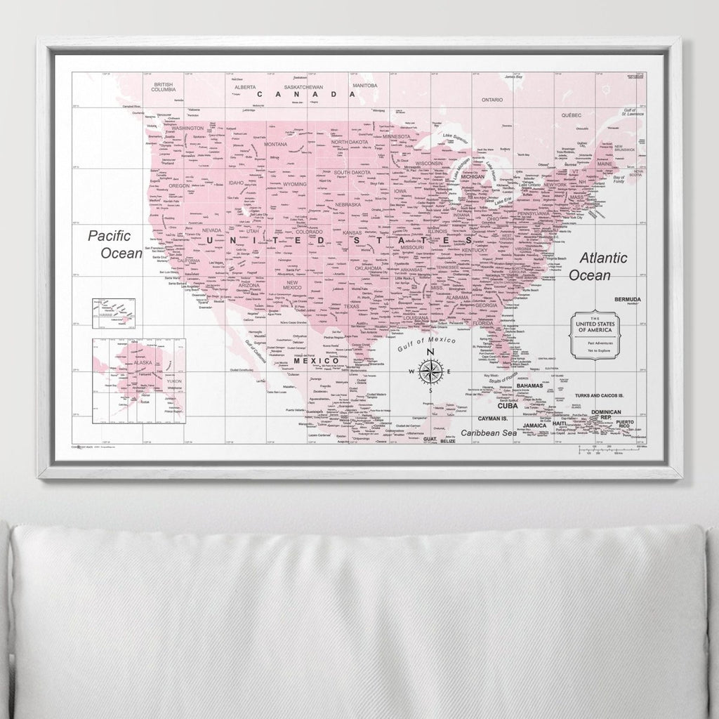 Push Pin USA Map Pin Board - Pink Color Splash - Pins Included! - Liza Pruitt