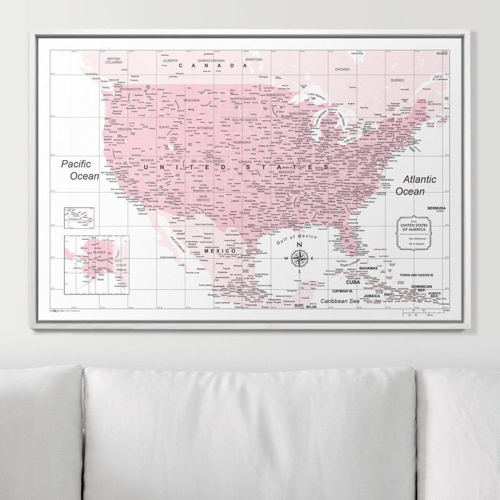 Push Pin USA Map Pin Board - Pink Color Splash - Pins Included! - Liza Pruitt