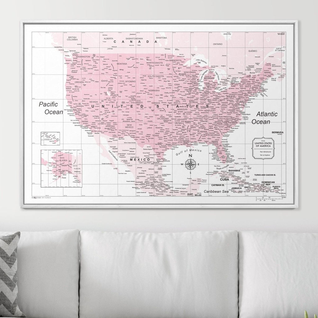 Push Pin USA Map Pin Board - Pink Color Splash - Pins Included! - Liza Pruitt