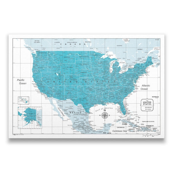Push Pin USA Pin Board Map - Teal Color Splash - Pins Included! - Liza Pruitt