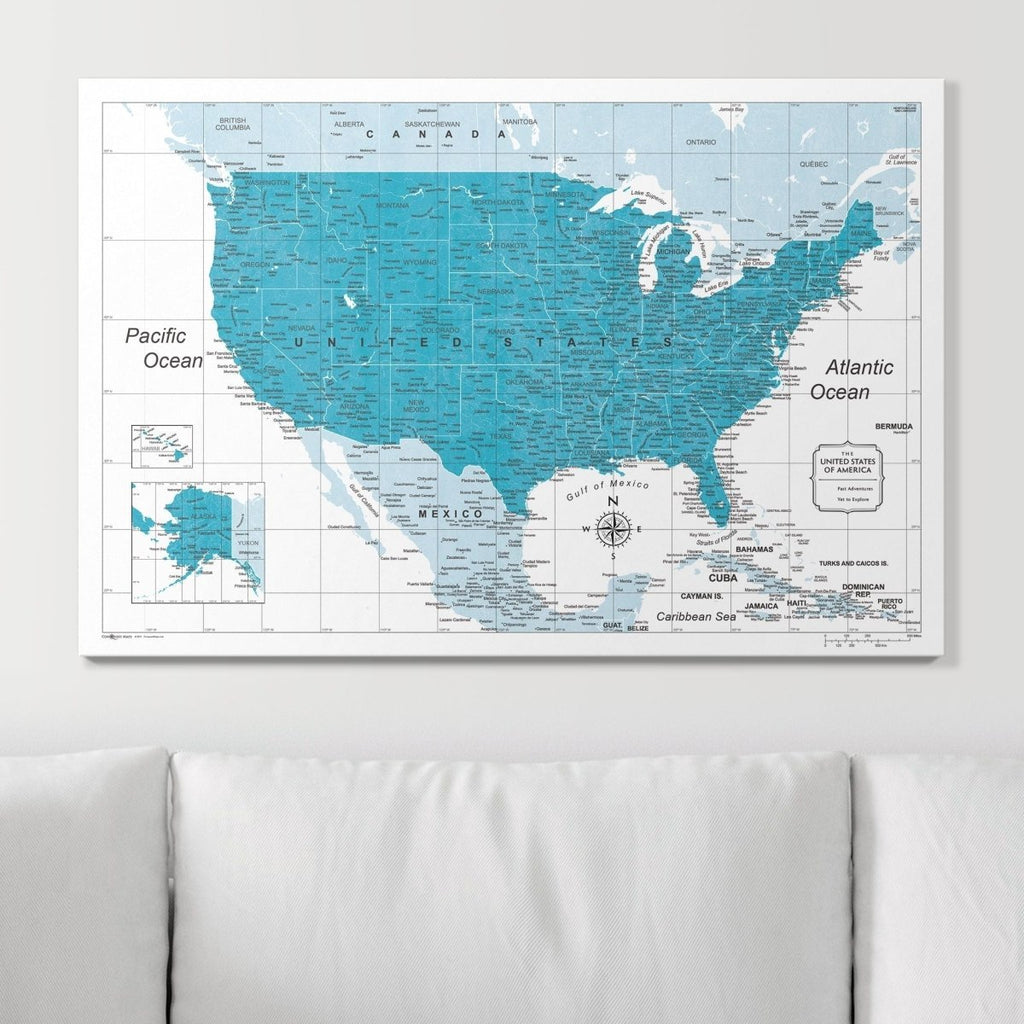 Push Pin USA Pin Board Map - Teal Color Splash - Pins Included! - Liza Pruitt