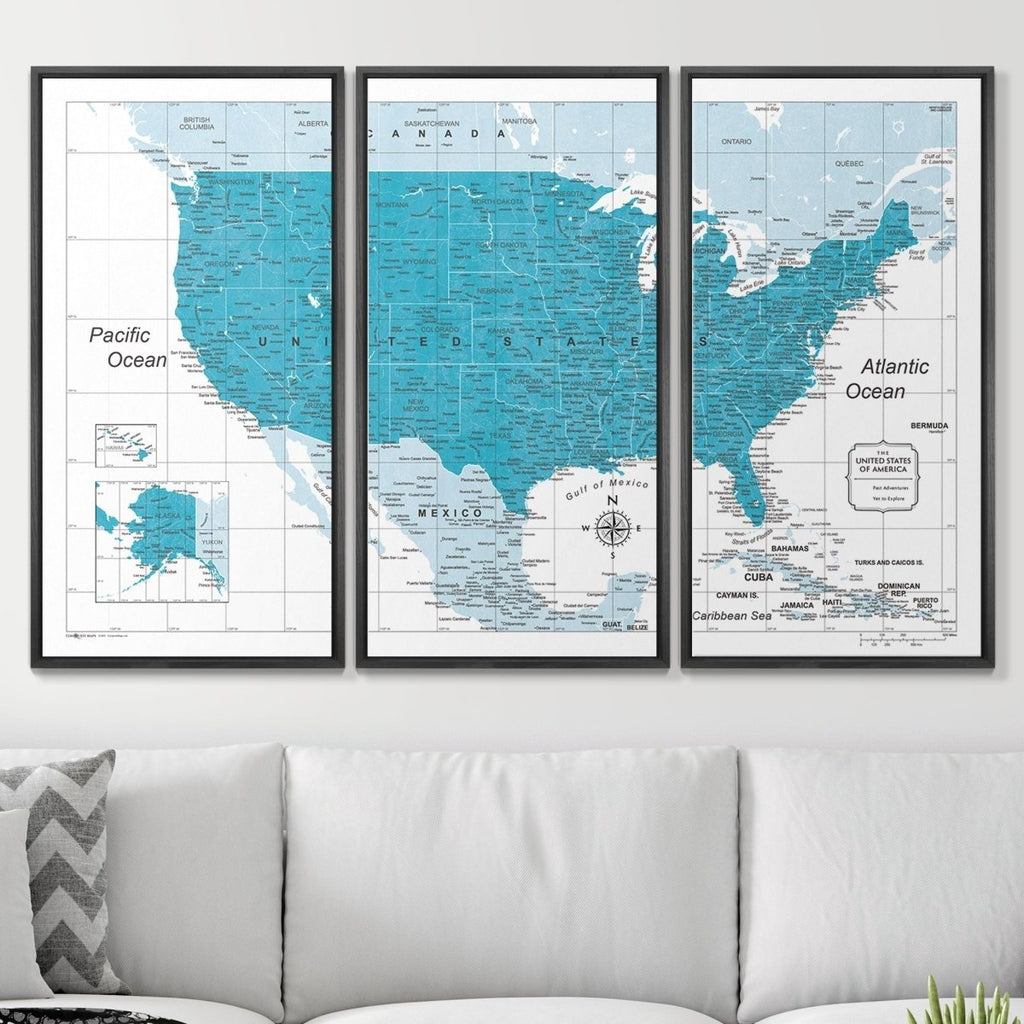 Push Pin USA Pin Board Map - Teal Color Splash - Pins Included! - Liza Pruitt