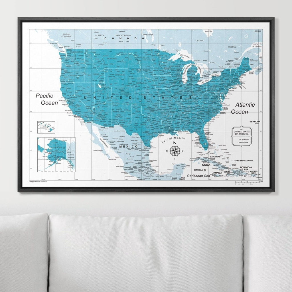 Push Pin USA Pin Board Map - Teal Color Splash - Pins Included! - Liza Pruitt