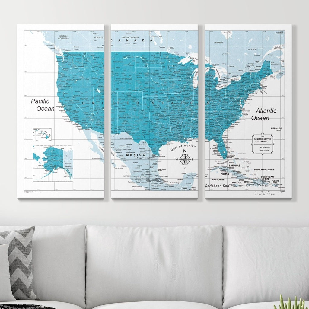 Push Pin USA Pin Board Map - Teal Color Splash - Pins Included! - Liza Pruitt