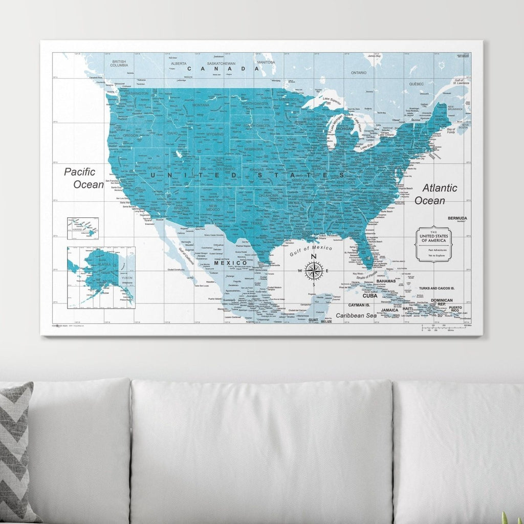 Push Pin USA Pin Board Map - Teal Color Splash - Pins Included! - Liza Pruitt
