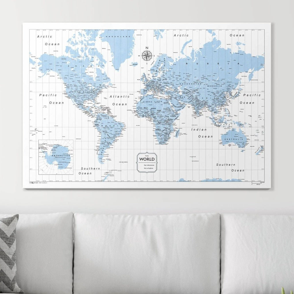 Push Pin World Map Map Pin Board - Light Blue Color Splash - Pins Included! - Liza Pruitt