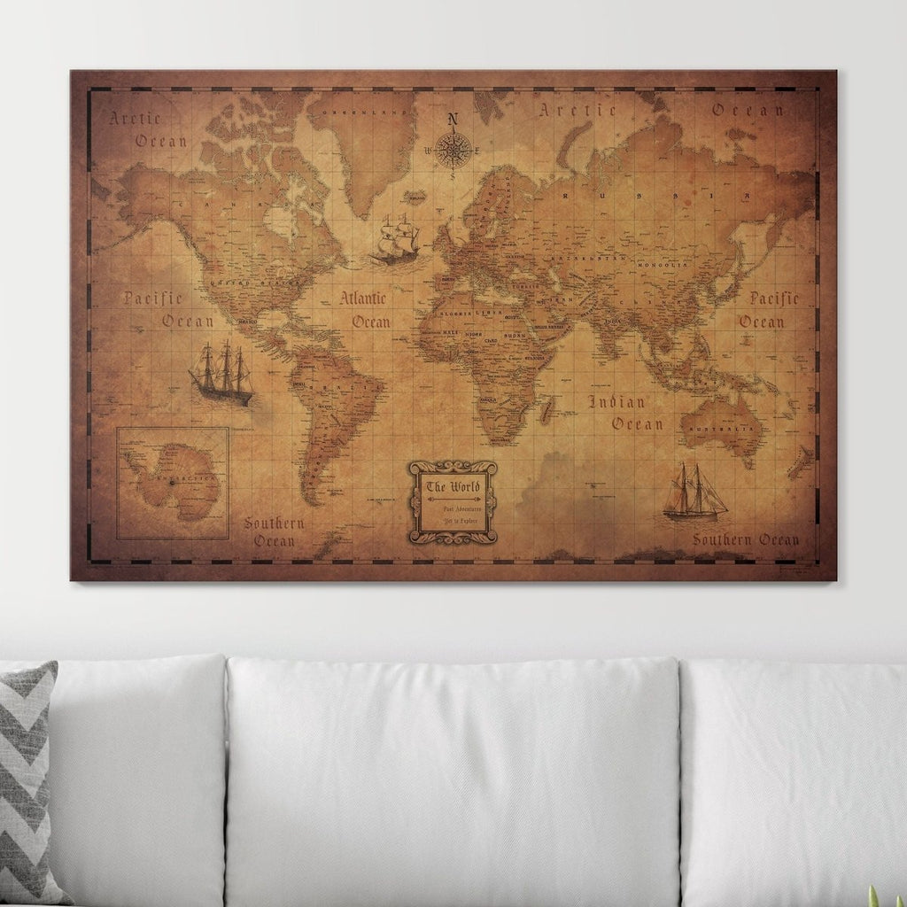 Push Pin World Map Pin Board - Golden Aged - Pins Included! - Liza Pruitt