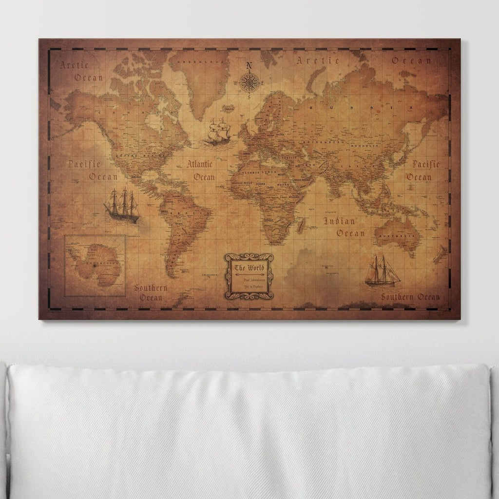 Push Pin World Map Pin Board - Golden Aged - Pins Included! - Liza Pruitt