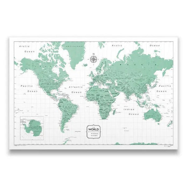 Push Pin World Map Pin Board - Green Color Splash - Pins Included! - Liza Pruitt