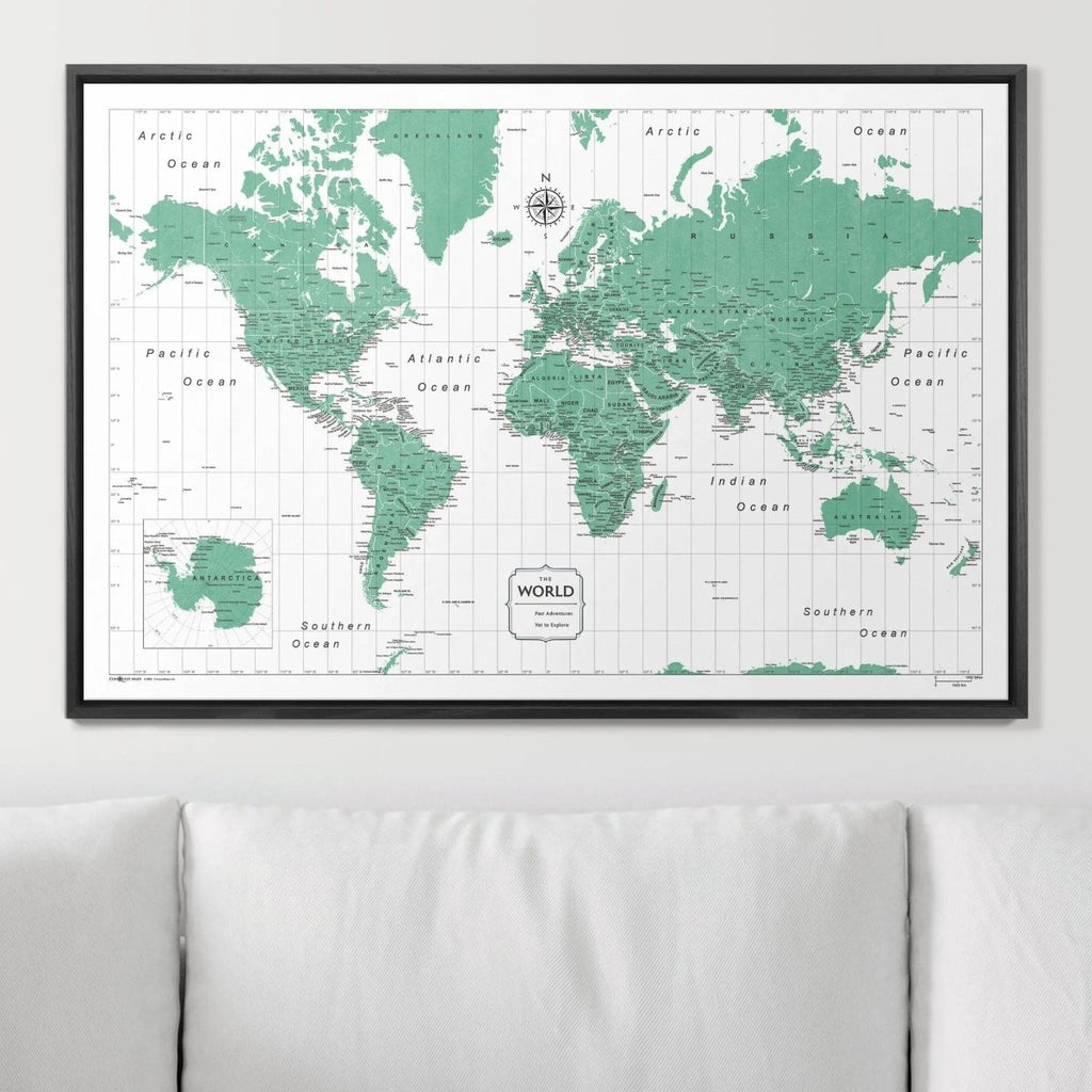 Push Pin World Map Pin Board - Green Color Splash - Pins Included! - Liza Pruitt