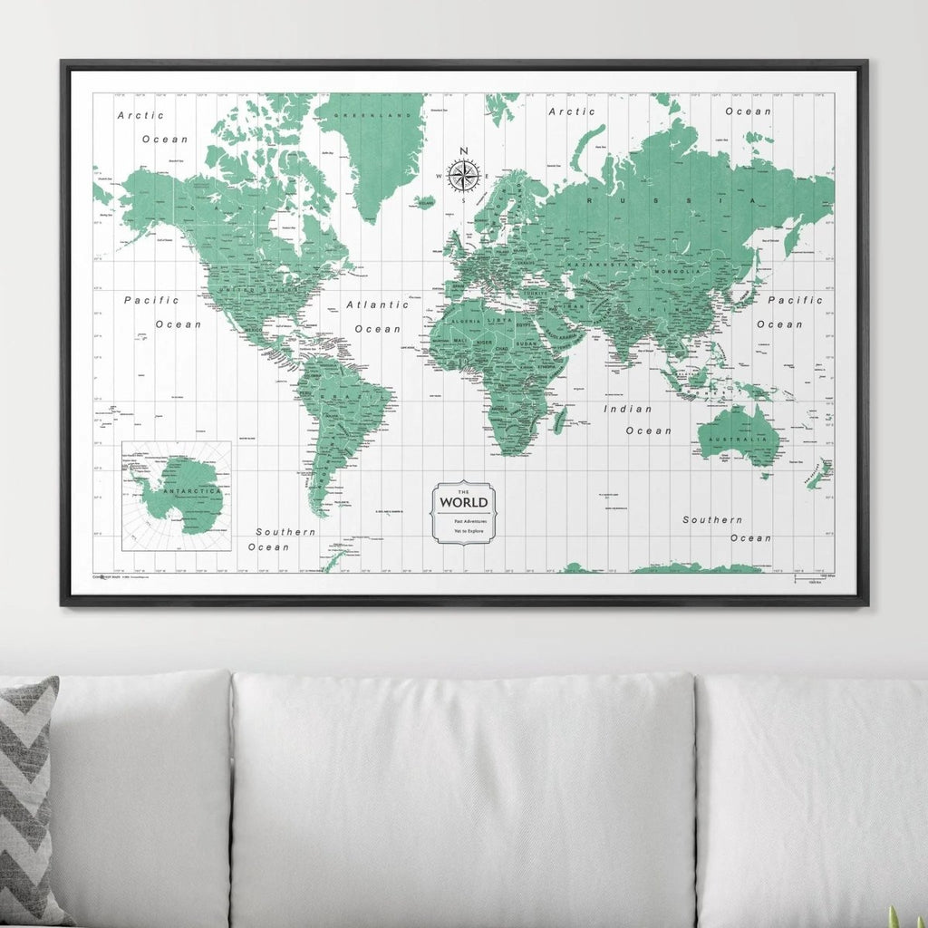 Push Pin World Map Pin Board - Green Color Splash - Pins Included! - Liza Pruitt