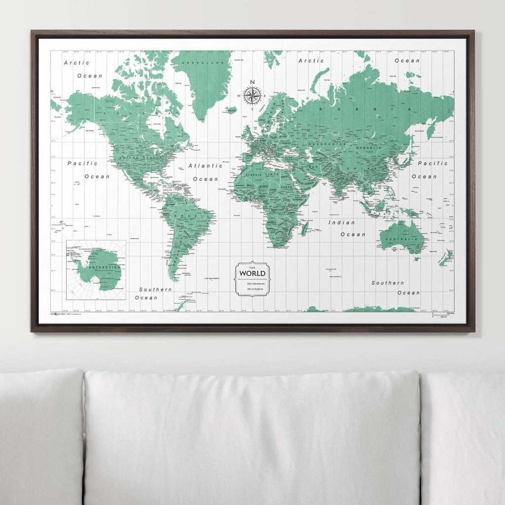 Push Pin World Map Pin Board - Green Color Splash - Pins Included! - Liza Pruitt