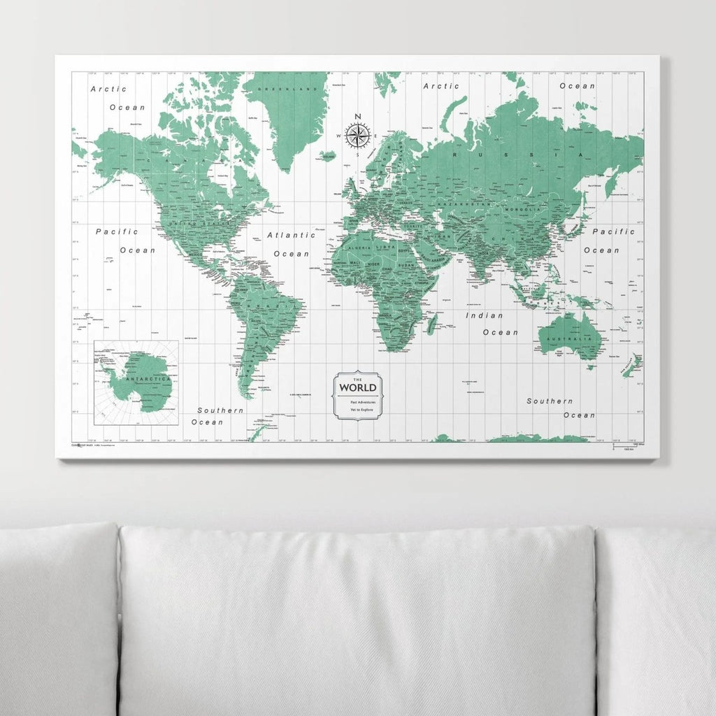 Push Pin World Map Pin Board - Green Color Splash - Pins Included! - Liza Pruitt