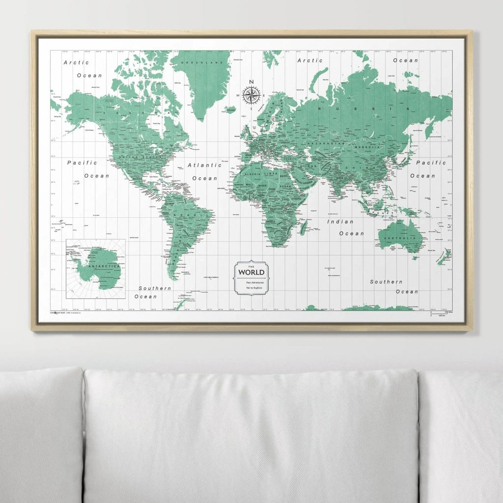 Push Pin World Map Pin Board - Green Color Splash - Pins Included! - Liza Pruitt