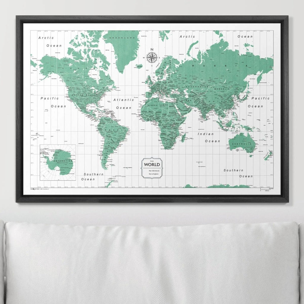 Push Pin World Map Pin Board - Green Color Splash - Pins Included! - Liza Pruitt