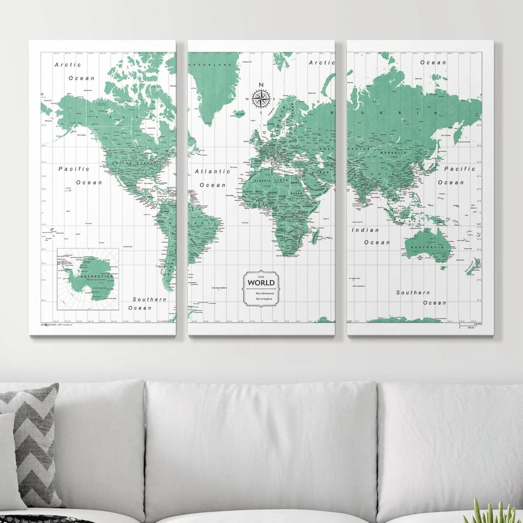 Push Pin World Map Pin Board - Green Color Splash - Pins Included! - Liza Pruitt