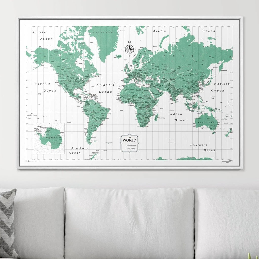 Push Pin World Map Pin Board - Green Color Splash - Pins Included! - Liza Pruitt