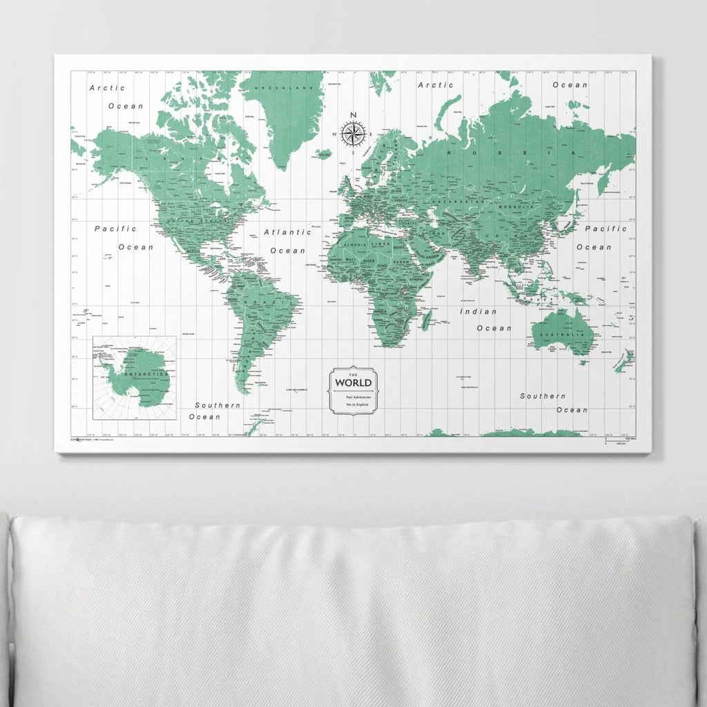Push Pin World Map Pin Board - Green Color Splash - Pins Included! - Liza Pruitt