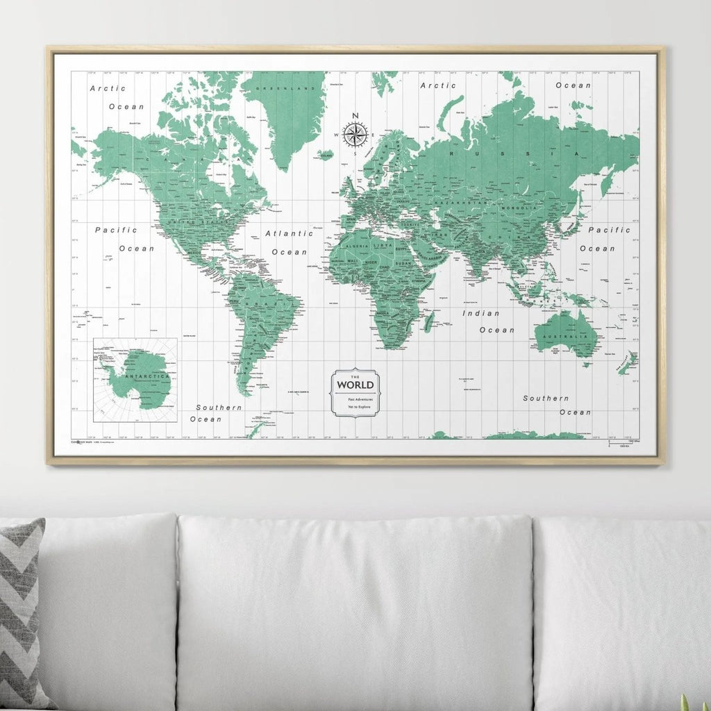 Push Pin World Map Pin Board - Green Color Splash - Pins Included! - Liza Pruitt