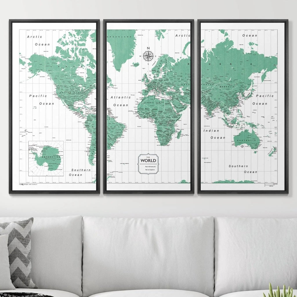 Push Pin World Map Pin Board - Green Color Splash - Pins Included! - Liza Pruitt