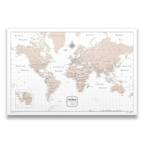 Push Pin World Map Pin Board - Light Brown Color Splash - Pins Included! - Liza Pruitt