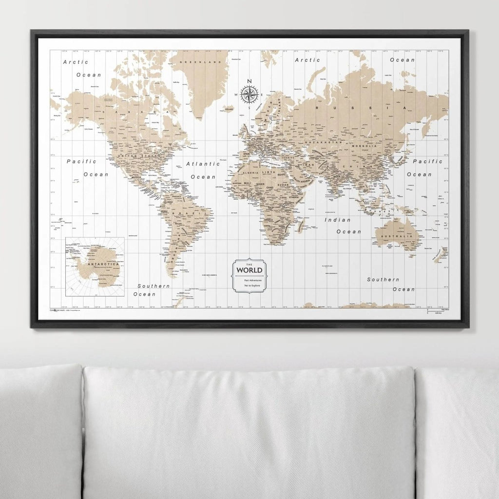 Push Pin World Map Pin Board - Light Brown Color Splash - Pins Included! - Liza Pruitt