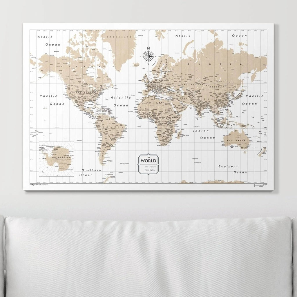 Push Pin World Map Pin Board - Light Brown Color Splash - Pins Included! - Liza Pruitt