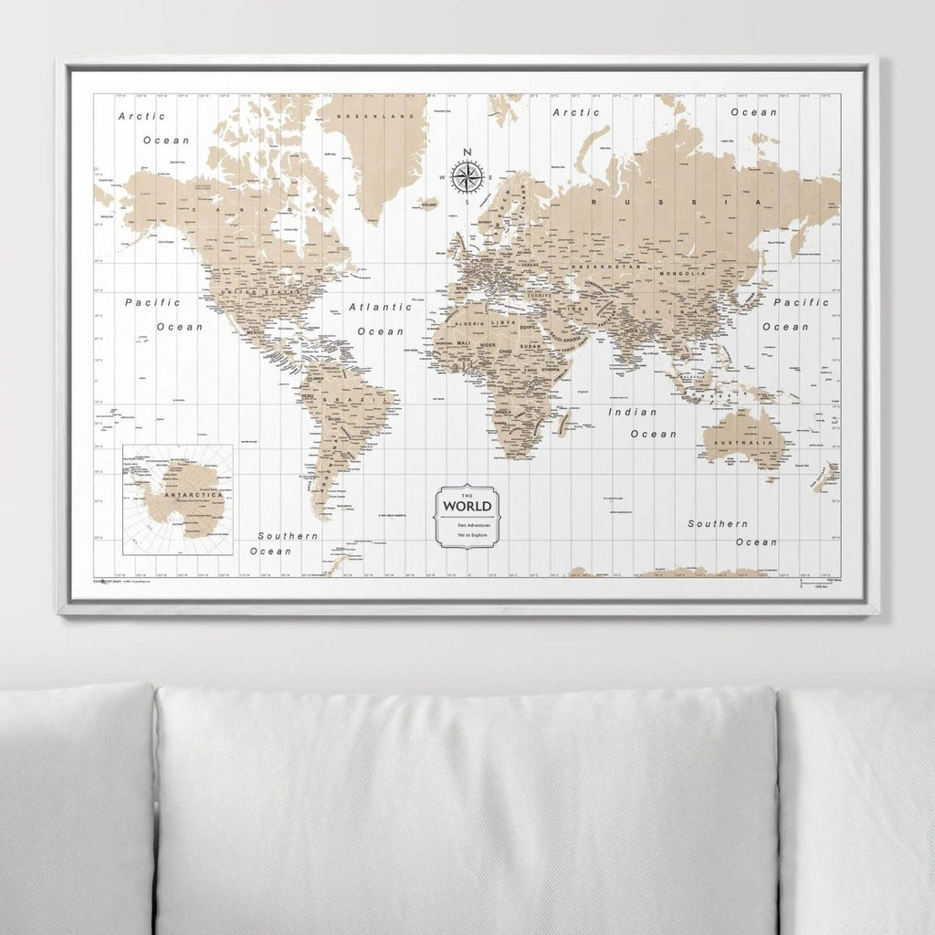 Push Pin World Map Pin Board - Light Brown Color Splash - Pins Included! - Liza Pruitt