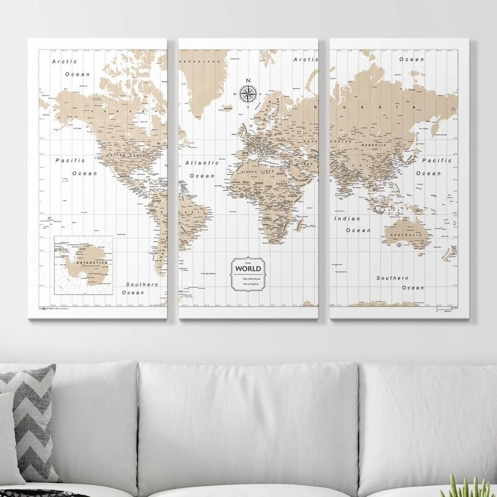 Push Pin World Map Pin Board - Light Brown Color Splash - Pins Included! - Liza Pruitt