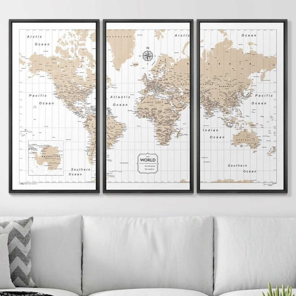 Push Pin World Map Pin Board - Light Brown Color Splash - Pins Included! - Liza Pruitt