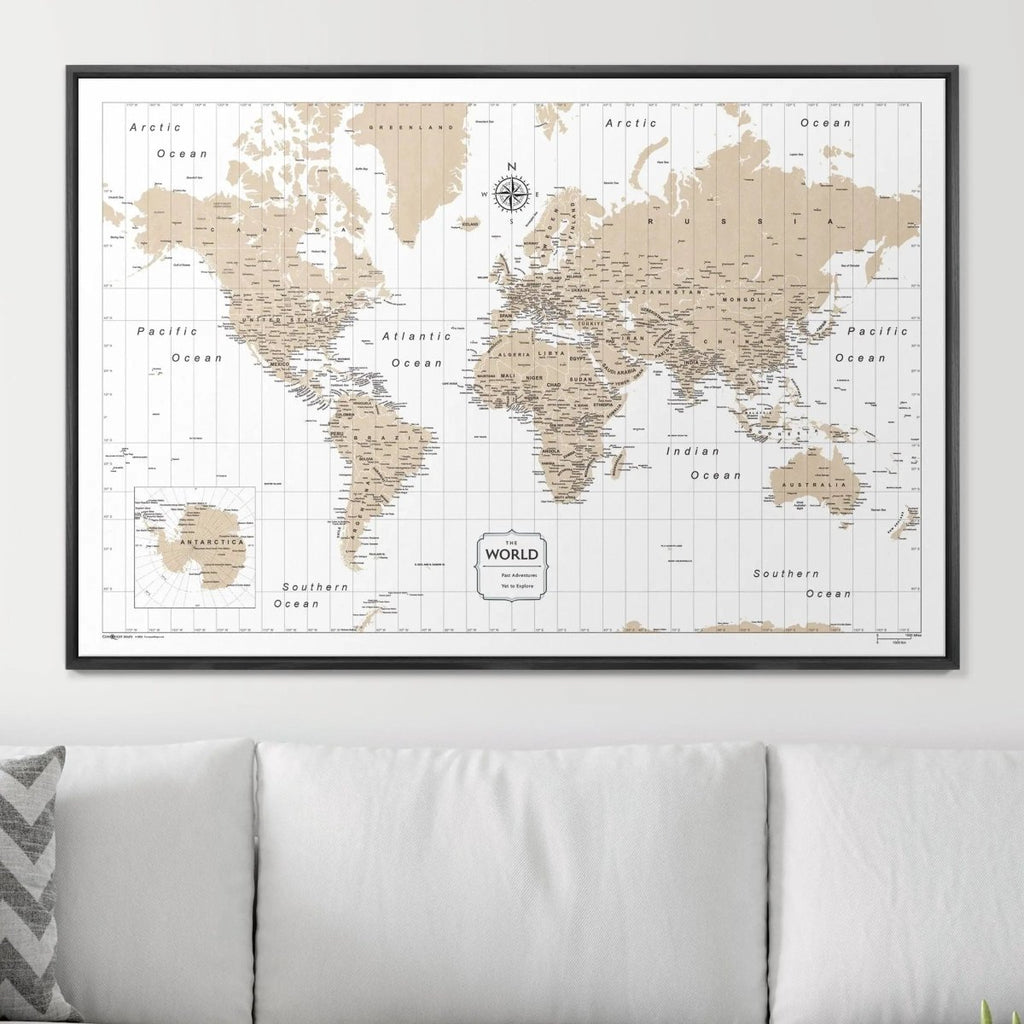 Push Pin World Map Pin Board - Light Brown Color Splash - Pins Included! - Liza Pruitt