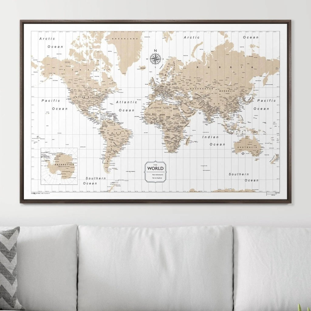 Push Pin World Map Pin Board - Light Brown Color Splash - Pins Included! - Liza Pruitt