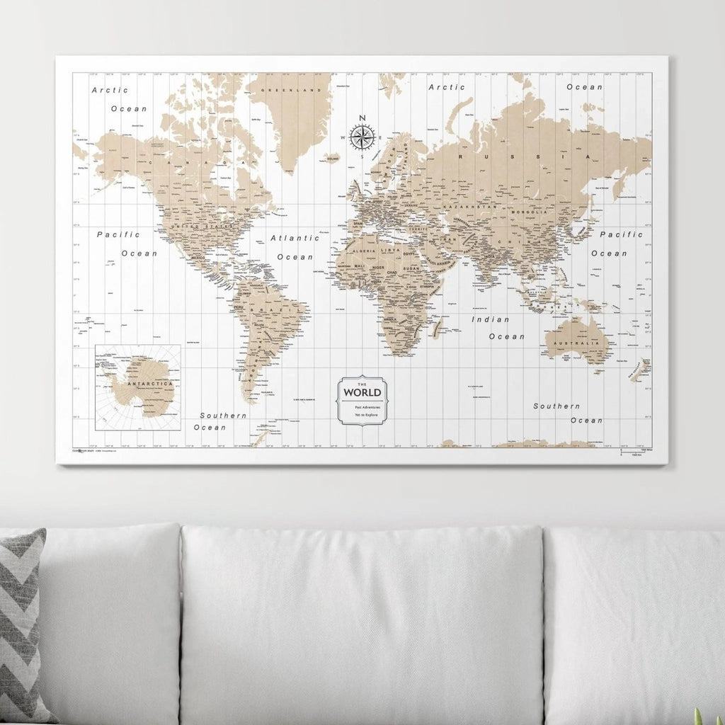 Push Pin World Map Pin Board - Light Brown Color Splash - Pins Included! - Liza Pruitt