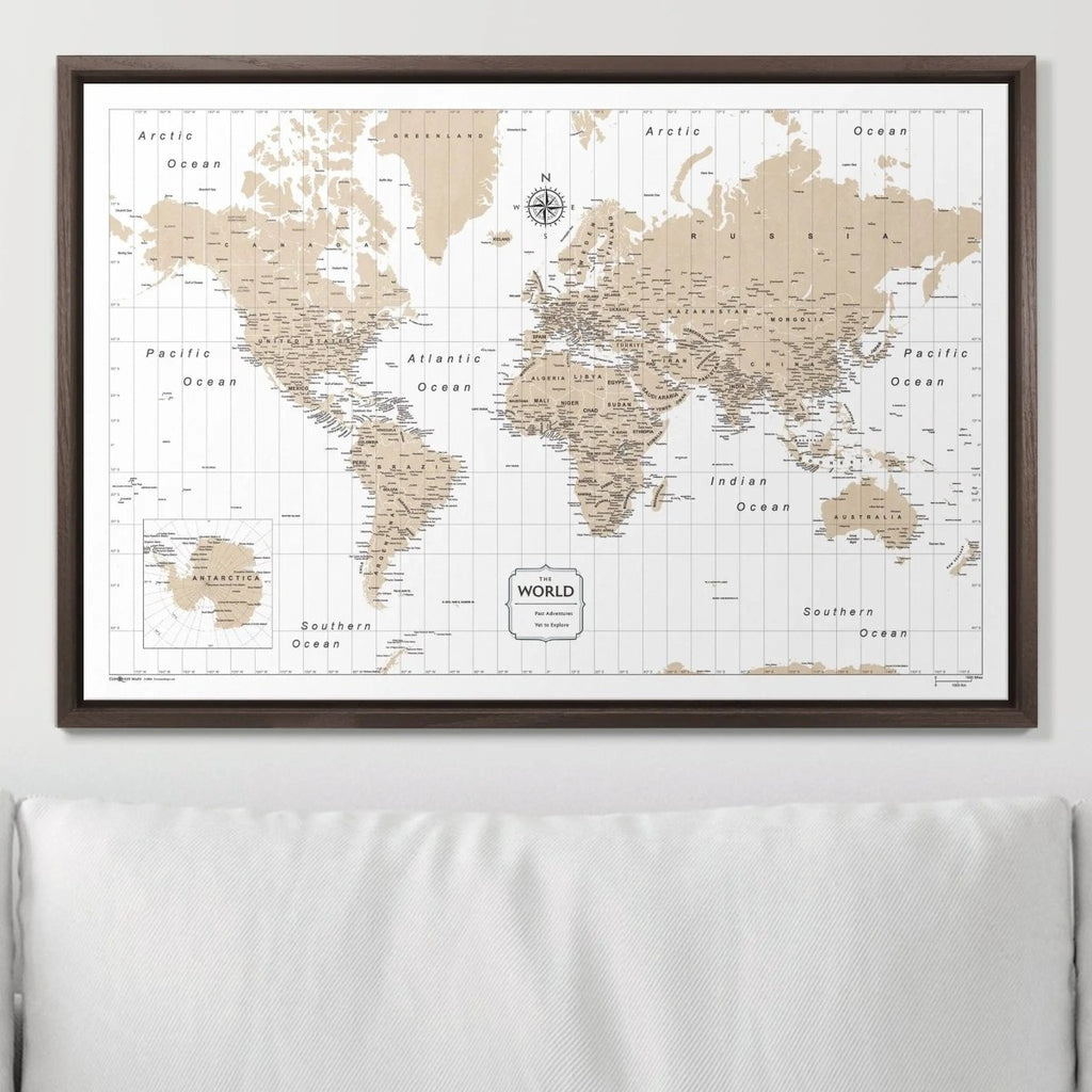 Push Pin World Map Pin Board - Light Brown Color Splash - Pins Included! - Liza Pruitt