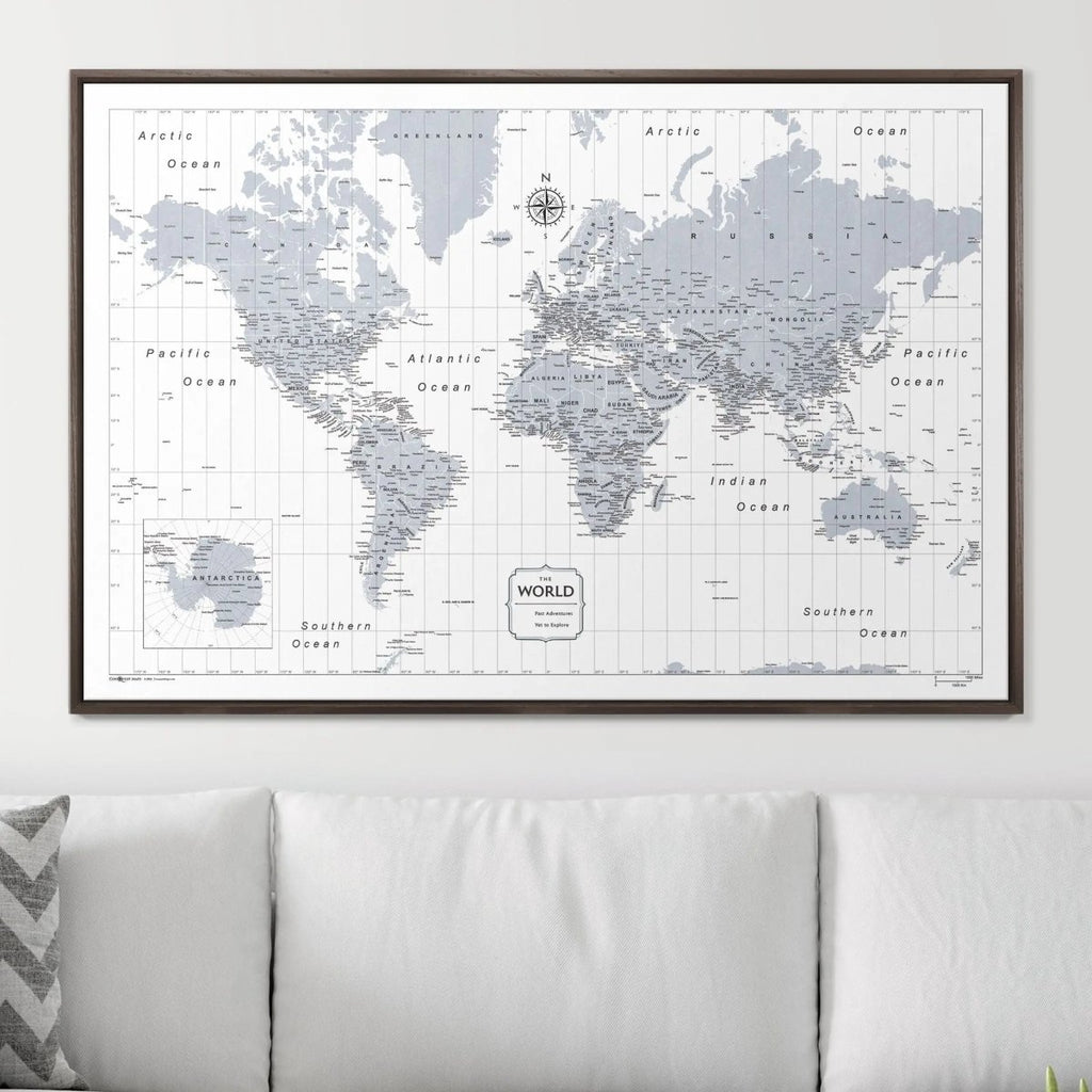 Push Pin World Map Pin Board - Light Gray Color Splash - Pins Included! - Liza Pruitt