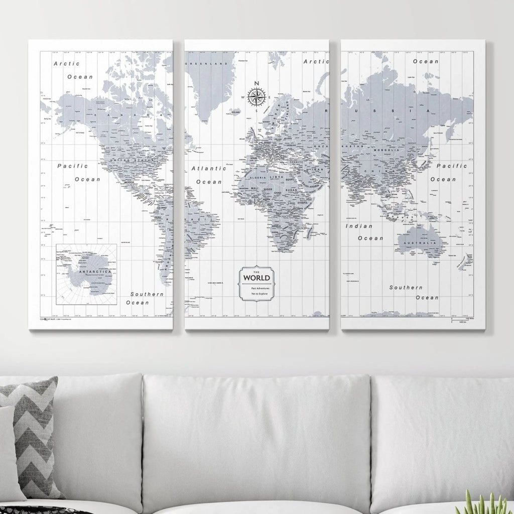 Push Pin World Map Pin Board - Light Gray Color Splash - Pins Included! - Liza Pruitt