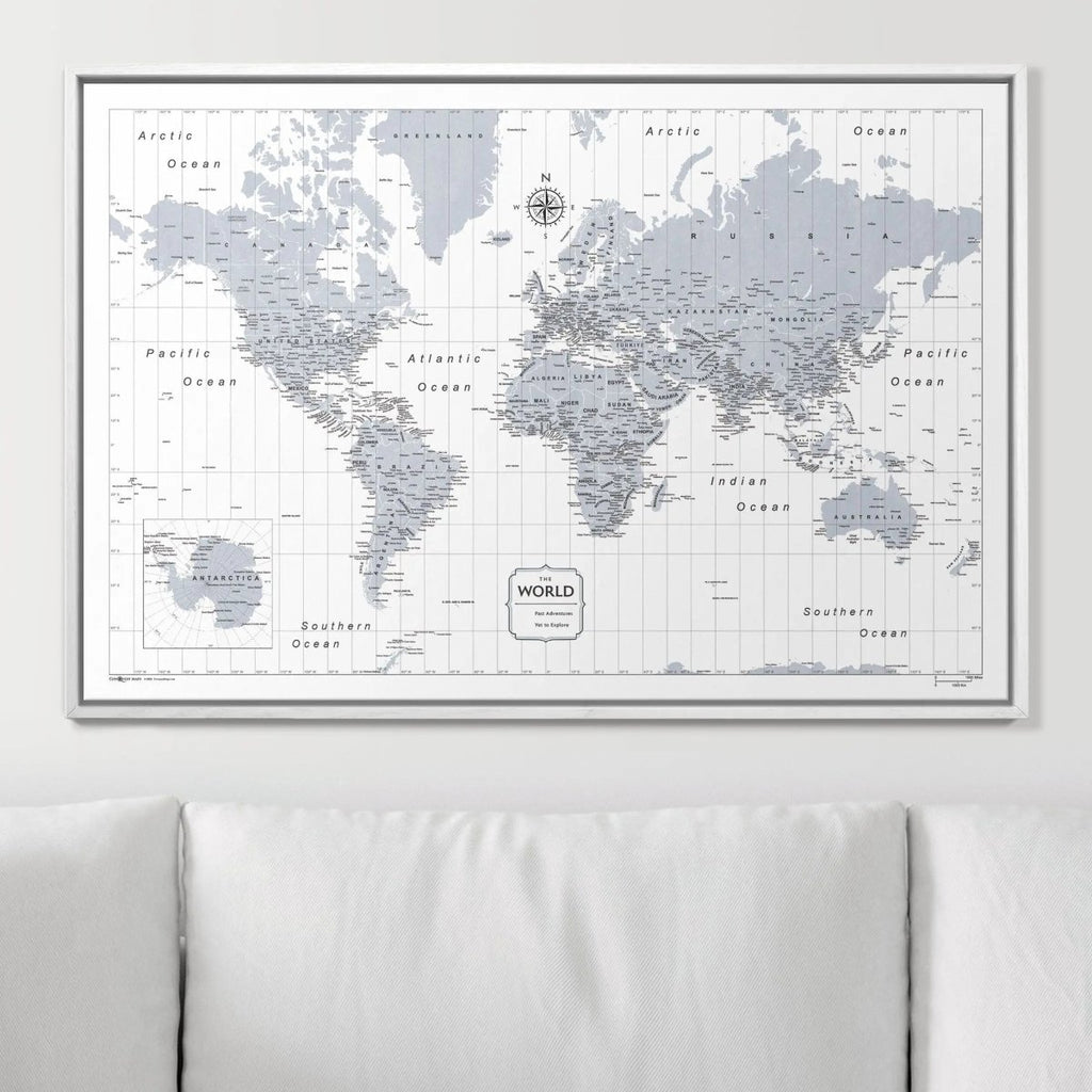 Push Pin World Map Pin Board - Light Gray Color Splash - Pins Included! - Liza Pruitt