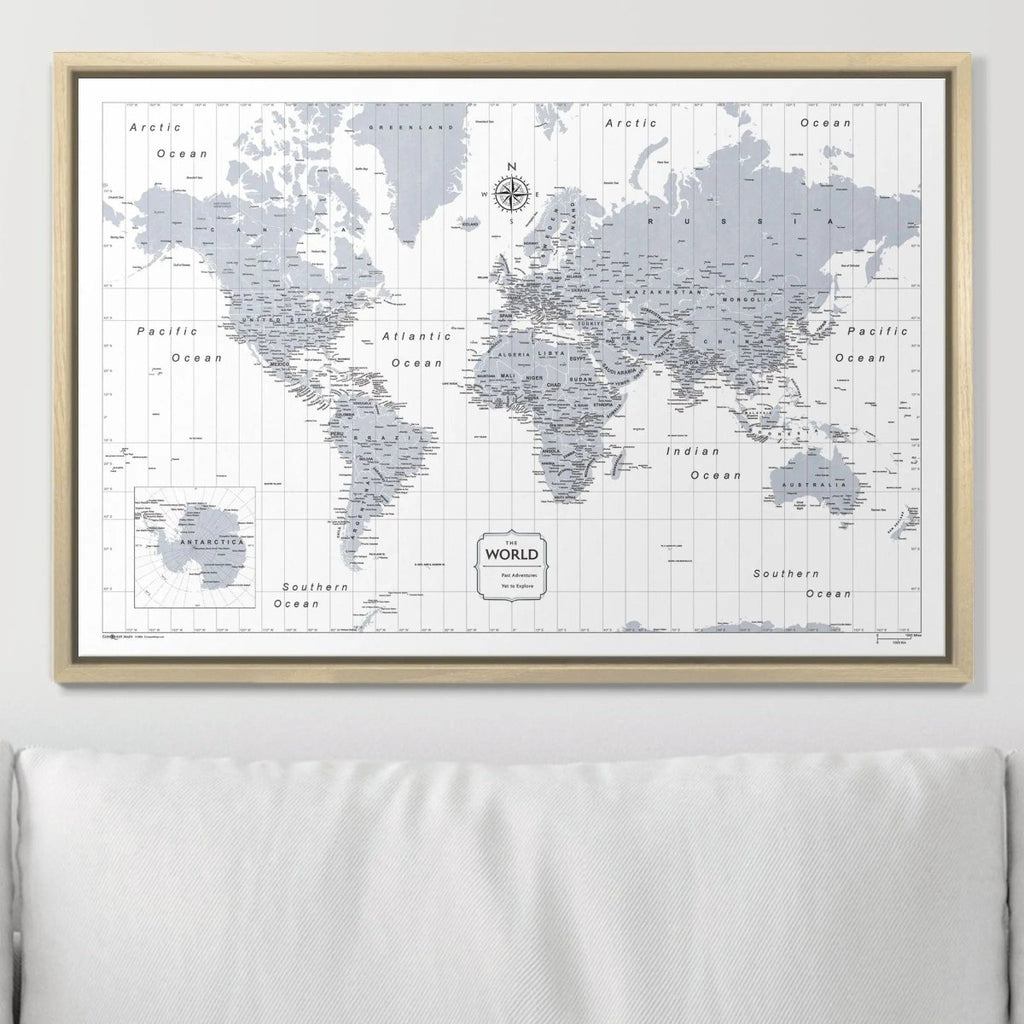 Push Pin World Map Pin Board - Light Gray Color Splash - Pins Included! - Liza Pruitt